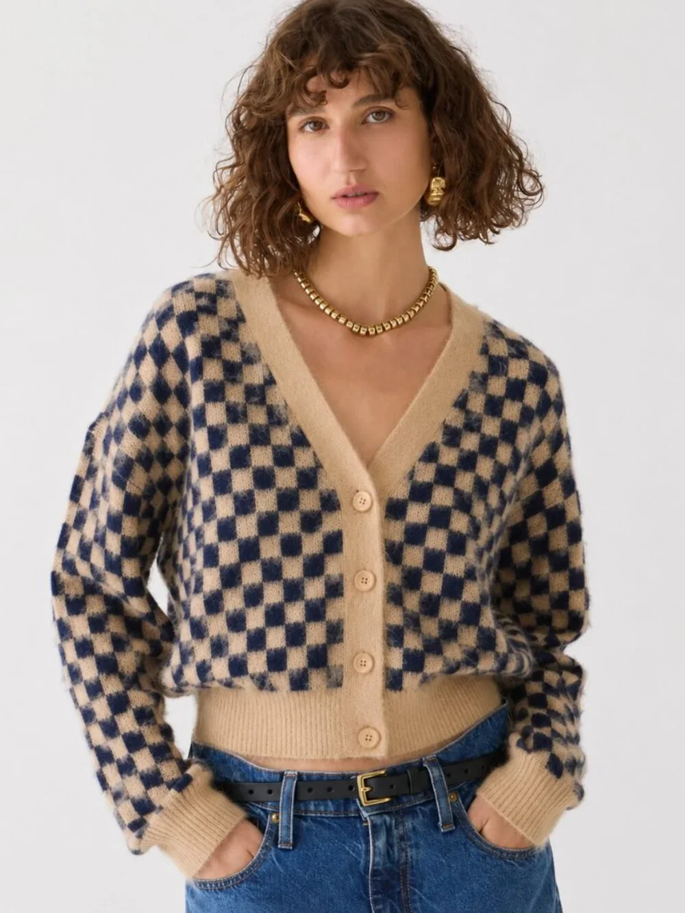 NWT J. Crew Checkered V-neck Cardigan Sweater Brushed‎ Yarn in Sandy Beach Navy